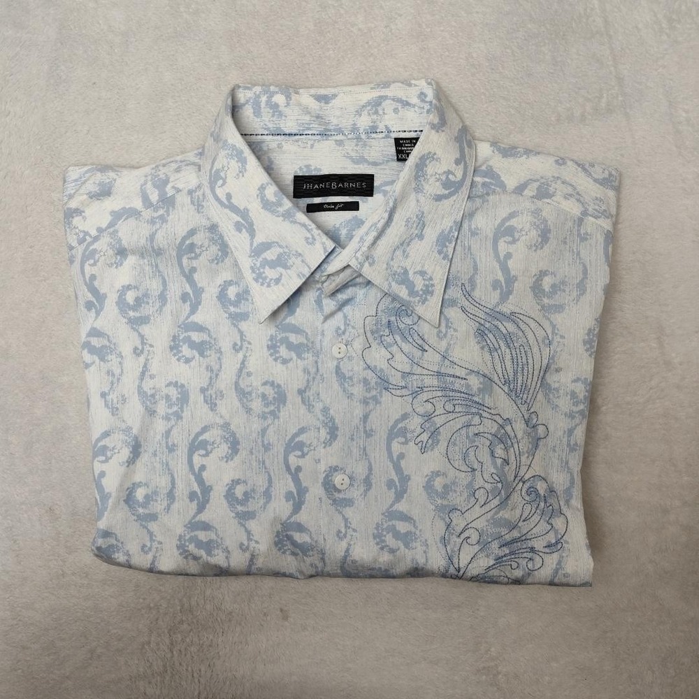 Jhane Barnes Shirt Mens 2XL Blue Trim Fit Paisley Floral Point Dress Long Sleeve
